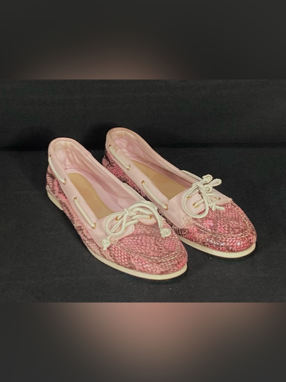 Sperry Pink Tweed Moccasin Boat Shoes with Cream Laces and Trim